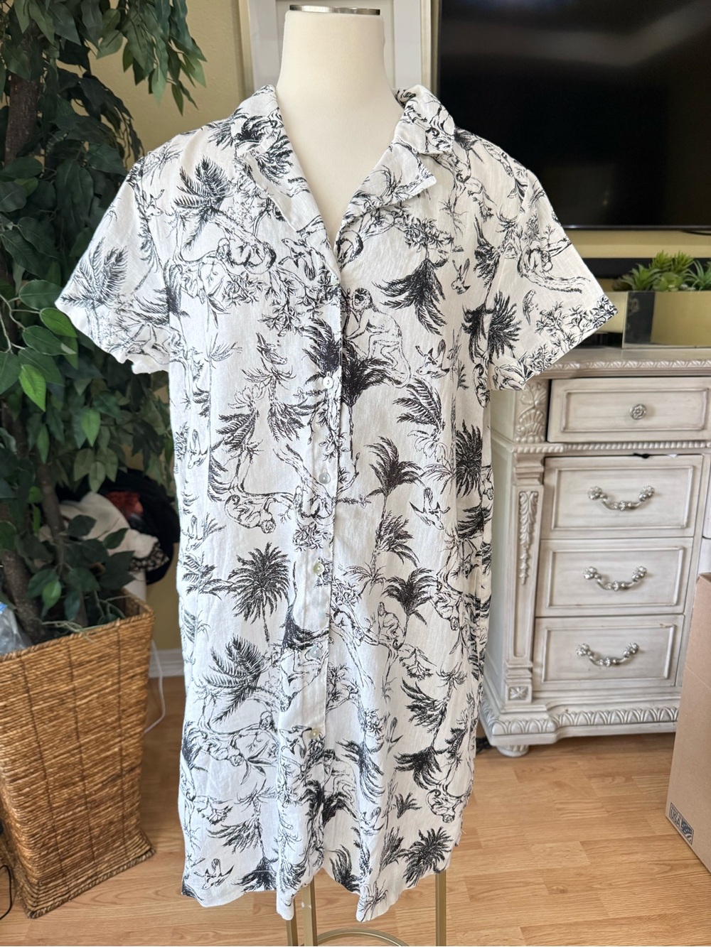 Joie XL 100% Linen Tropical Monkey Toile Button Front Shirt Dress